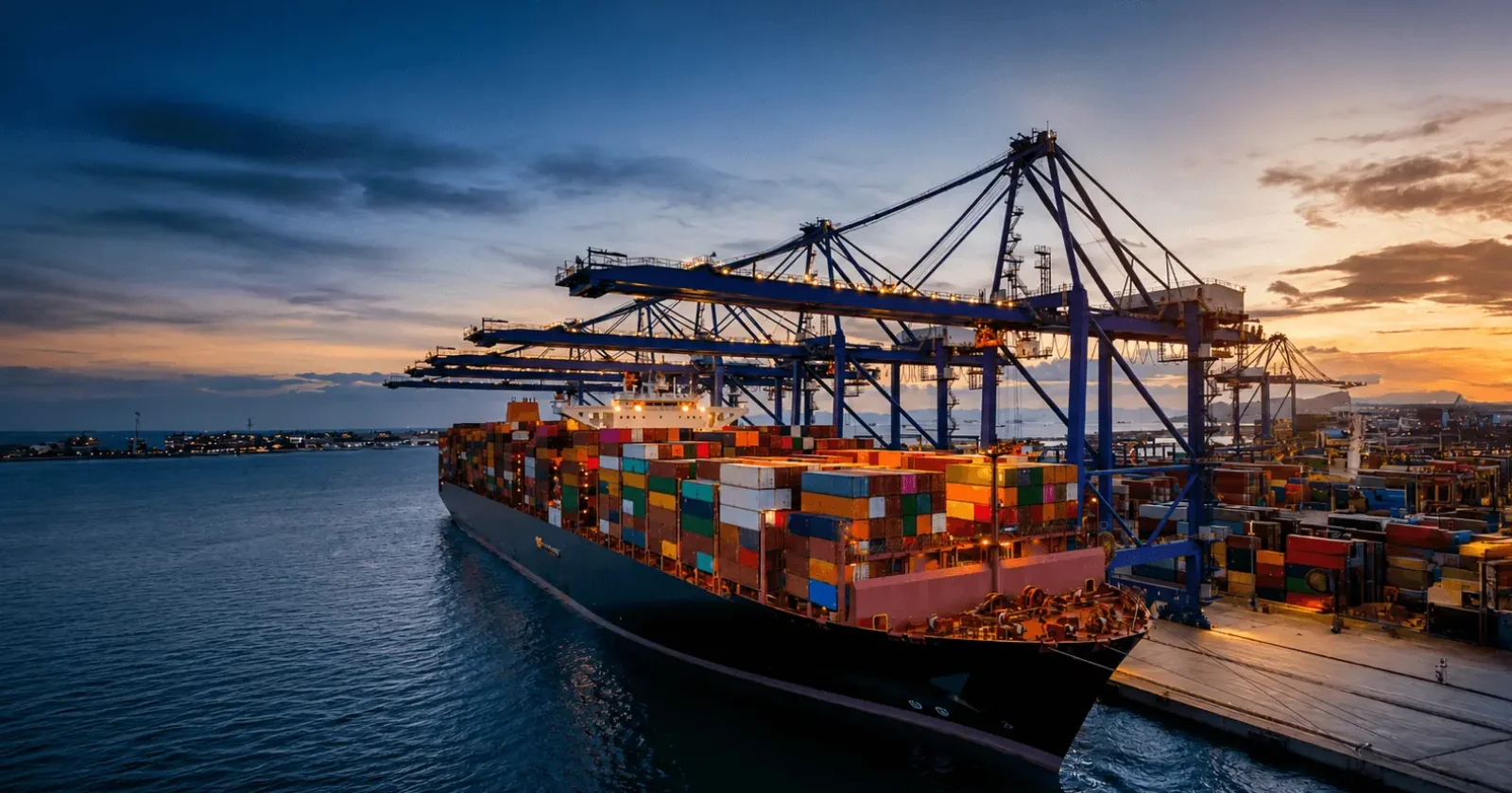 A container ship alongside at a port terminal under gantry cranes